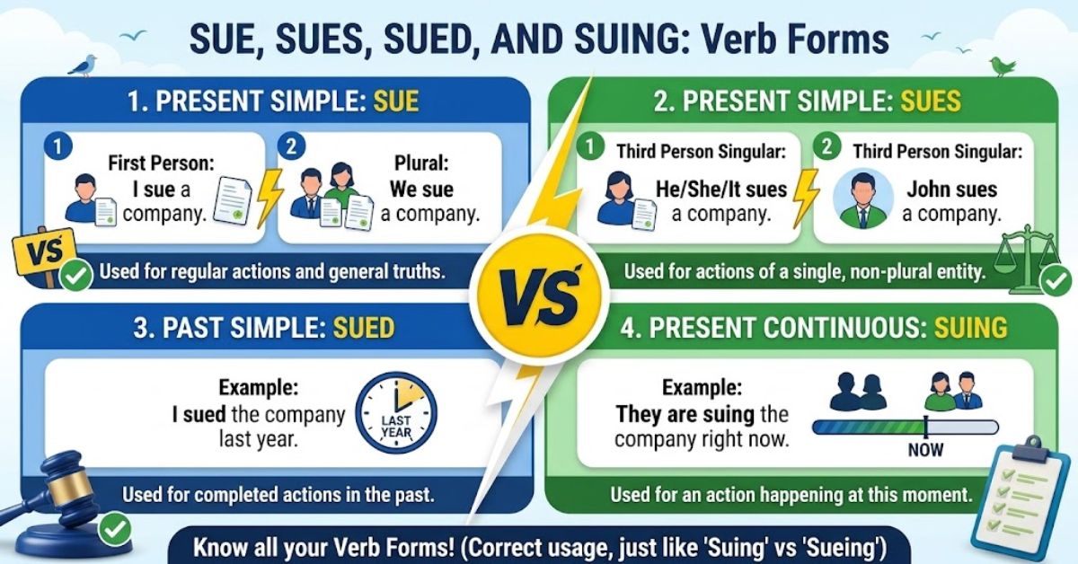 Sue, Sues, Sued, and Suing Verb Forms
